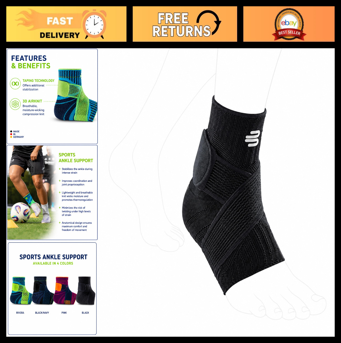 Ankle Support Brace for Stabilization & Protection – Figure-8 Taping Strap, Comp