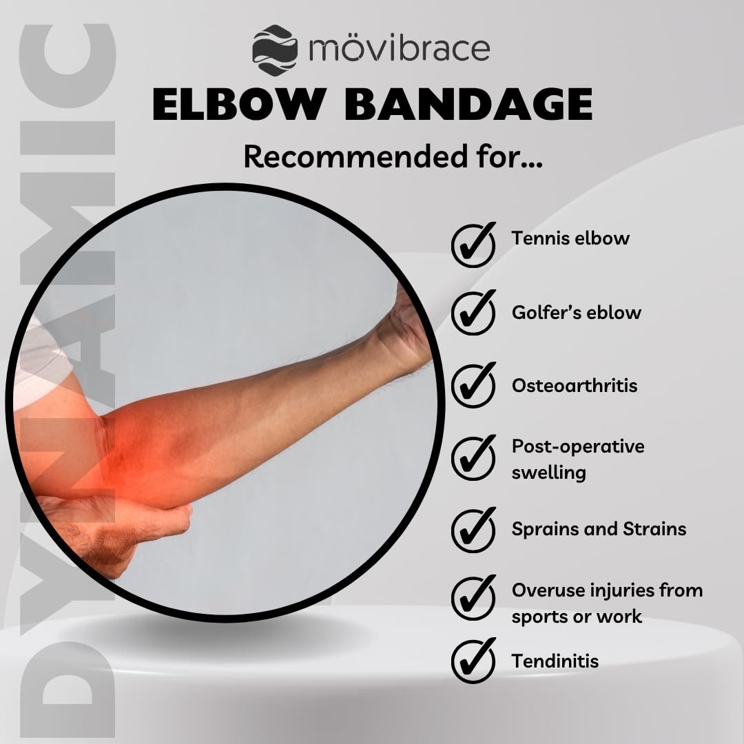 Movibrace Elbow Compression Bandage – Adjustable Strap, Fits 9-13″ Elbow