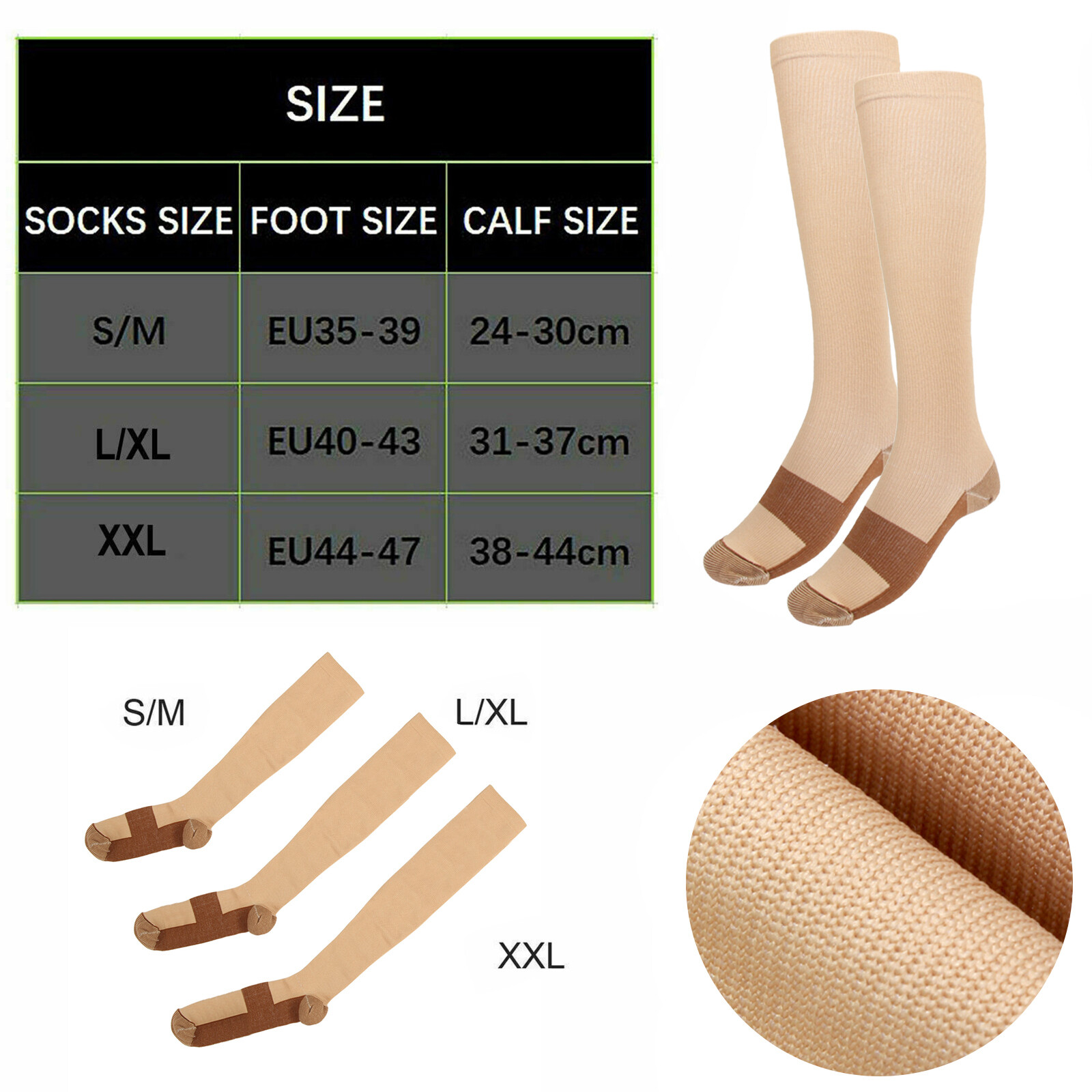 5 Pairs Beige Copper Compression Socks 20-30mmHg Graduated Support Men’s Women’s