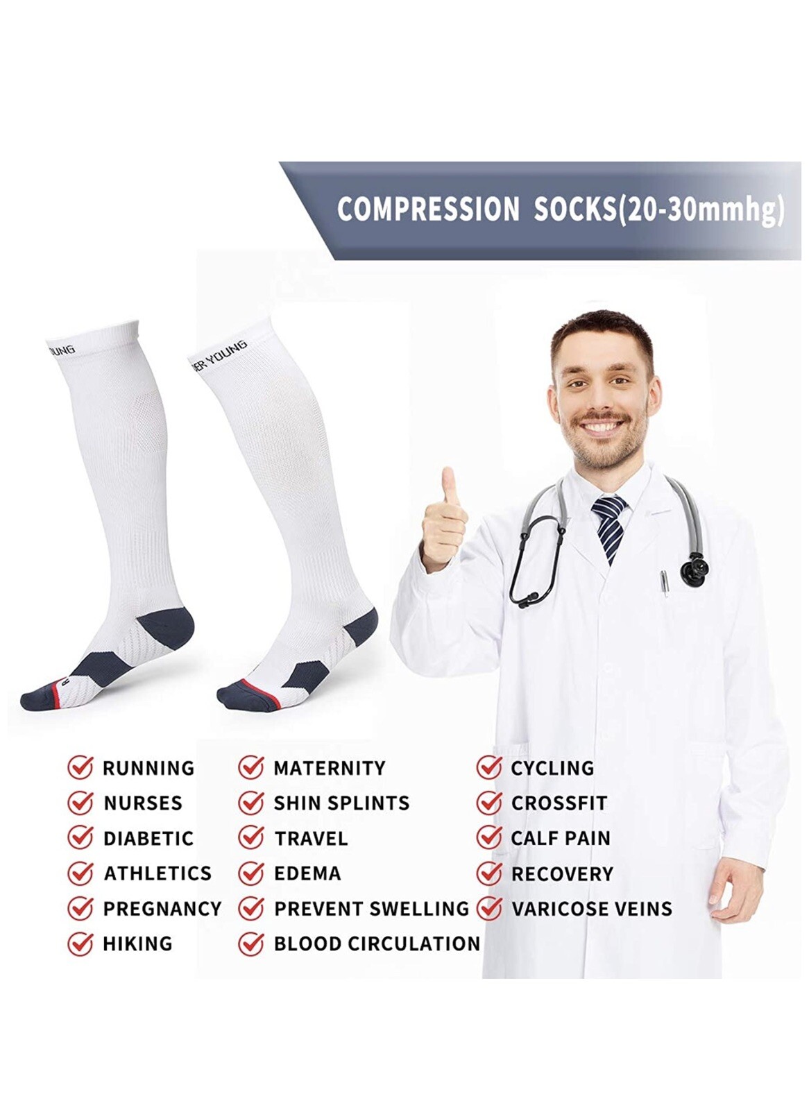 Wonder Young Graduated Compression Socks Men Women 20-30mmHg Knee High XXL