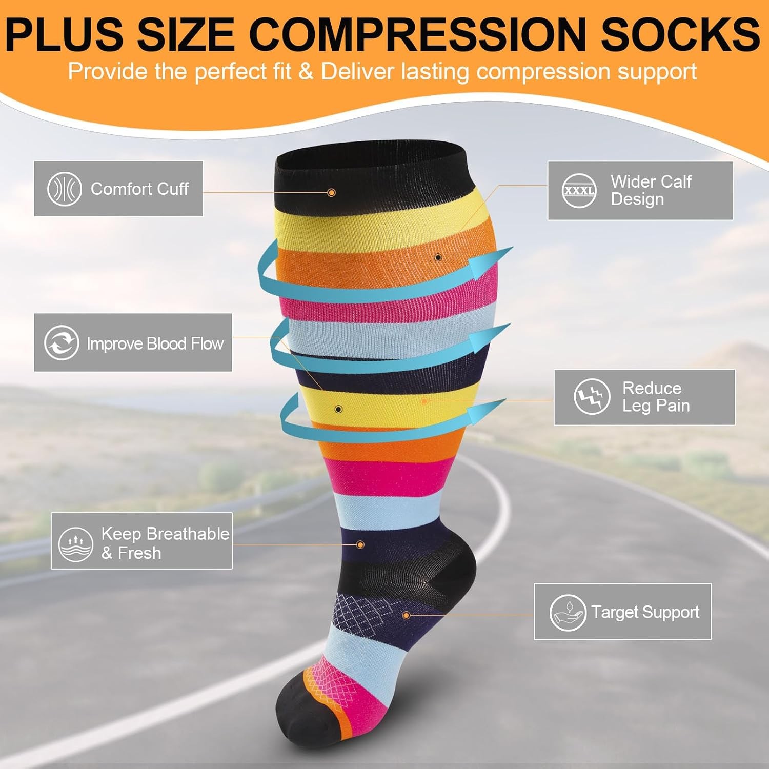 4 Pairs Plus Size Compression Socks 20-30 mmHg Wide Calf