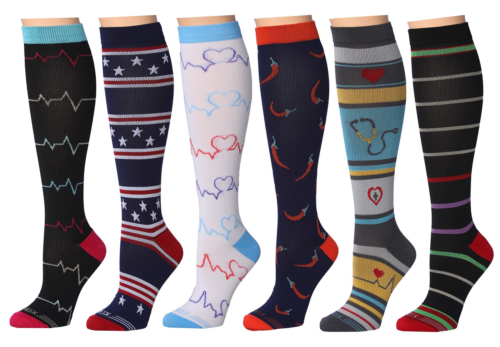 REXX 6 Pairs Compression Socks 15-20mmHg for Men & Women Small-Medium, Multi