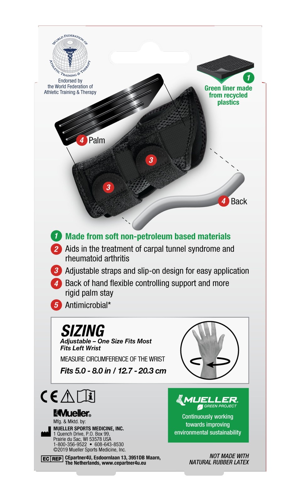 Mueller Green Fitted Wrist Brace, Left Hand, Unisex, One Size Fits Most, Black