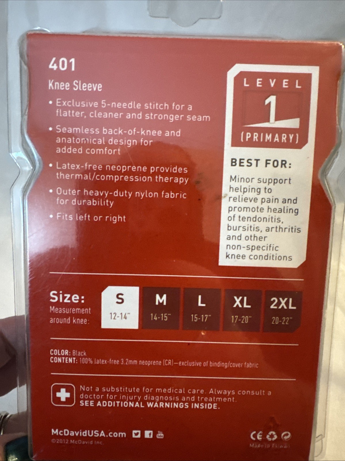 McDavid 401 Neoprene Knee Support Size 12-14”Small Level 1 Primary New In Pack