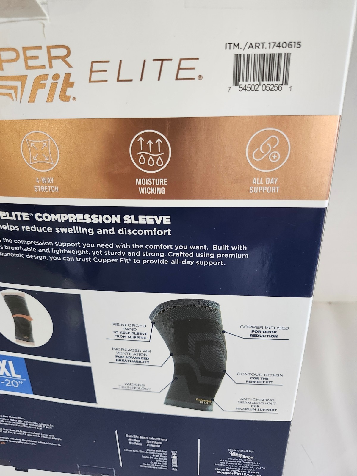 Elite Copper Fit Knee Compression Sleeve Flexible L/XL 16″-20″, 2-PACK Open Box