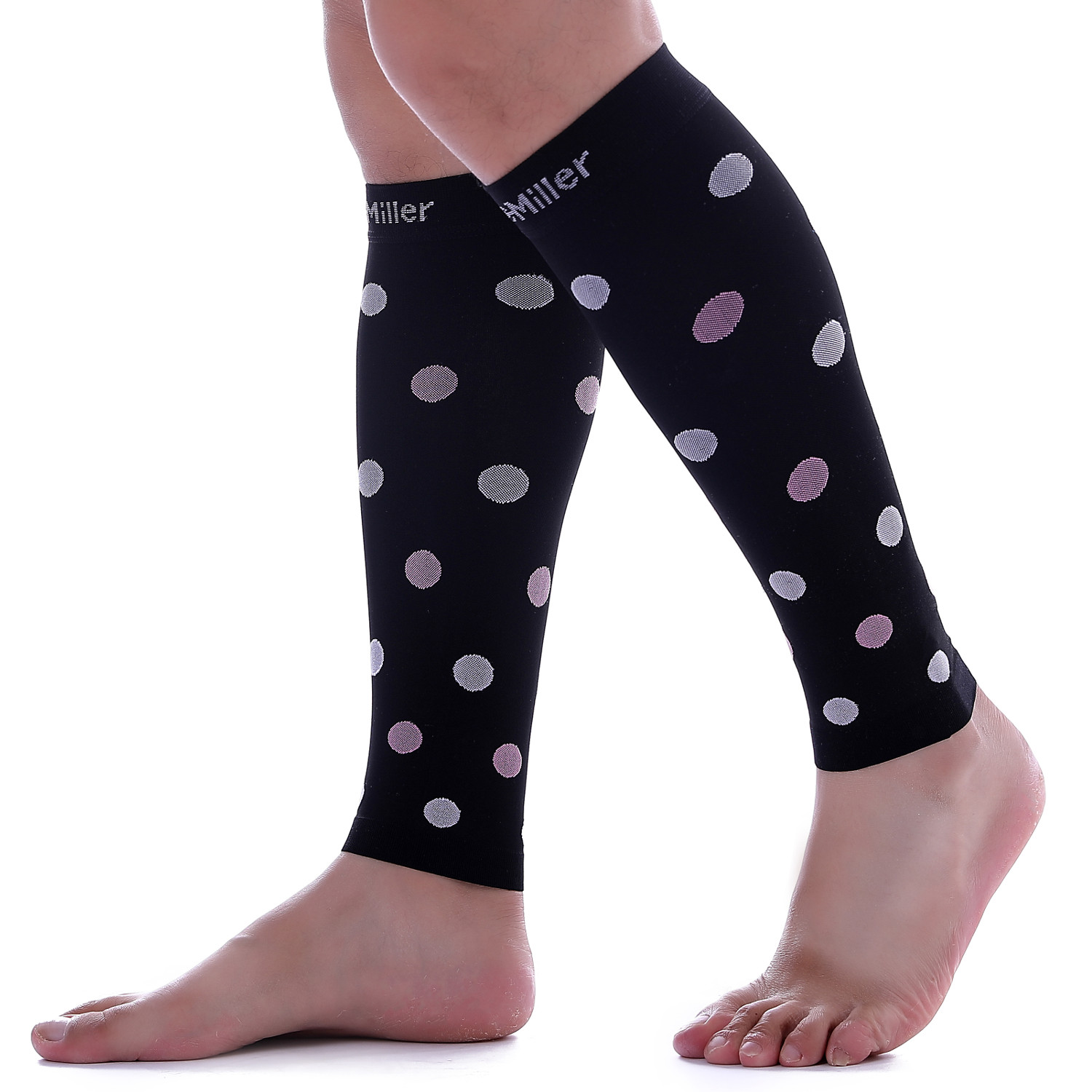 Doc Miller Calf Compression Sleeve 1Pair 20-30mmHg Varicose Polka Dot BLK/PNKWHT