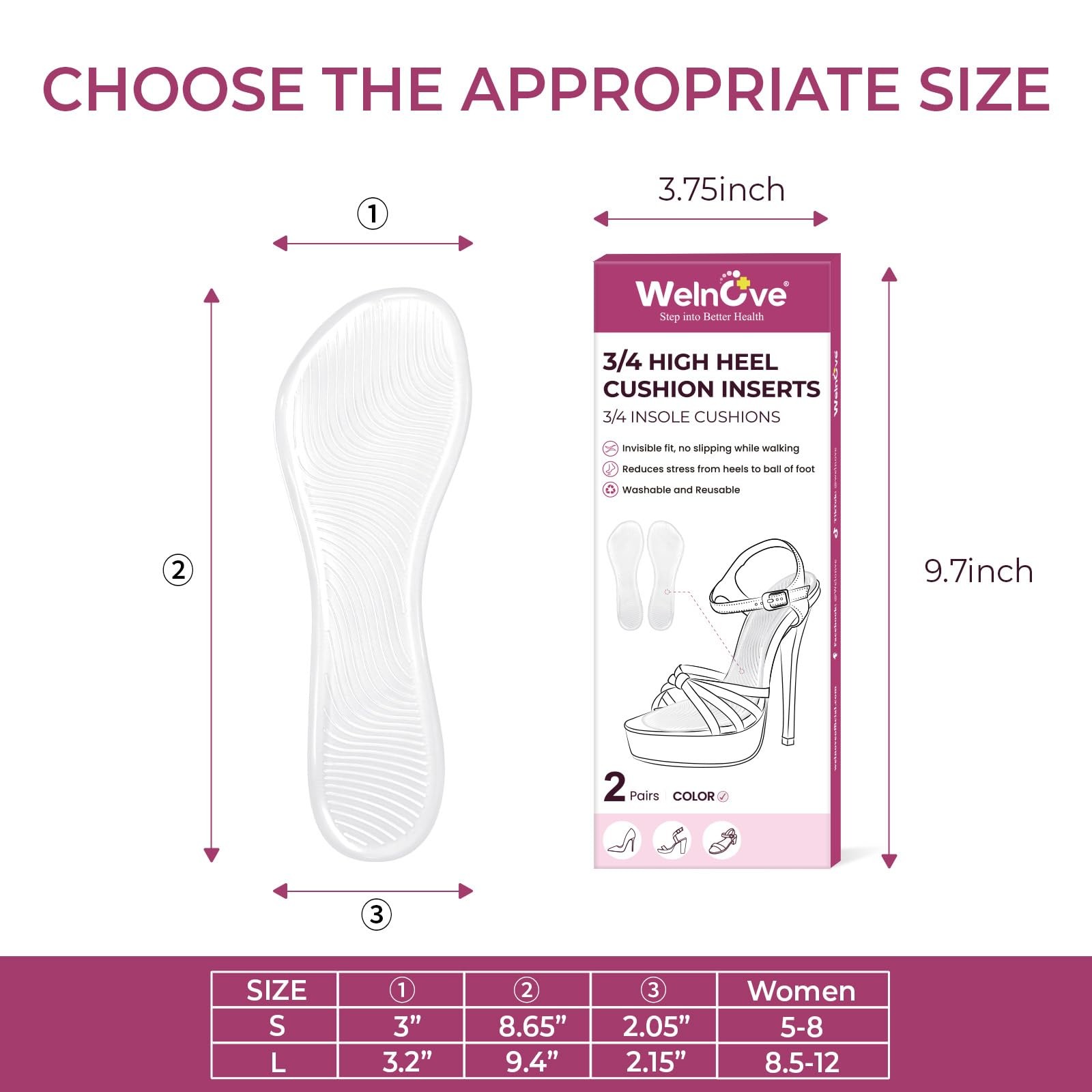 High Heel Cushion Inserts Women – (3 Pairs) Welnove 3/4 Invisible Insoles