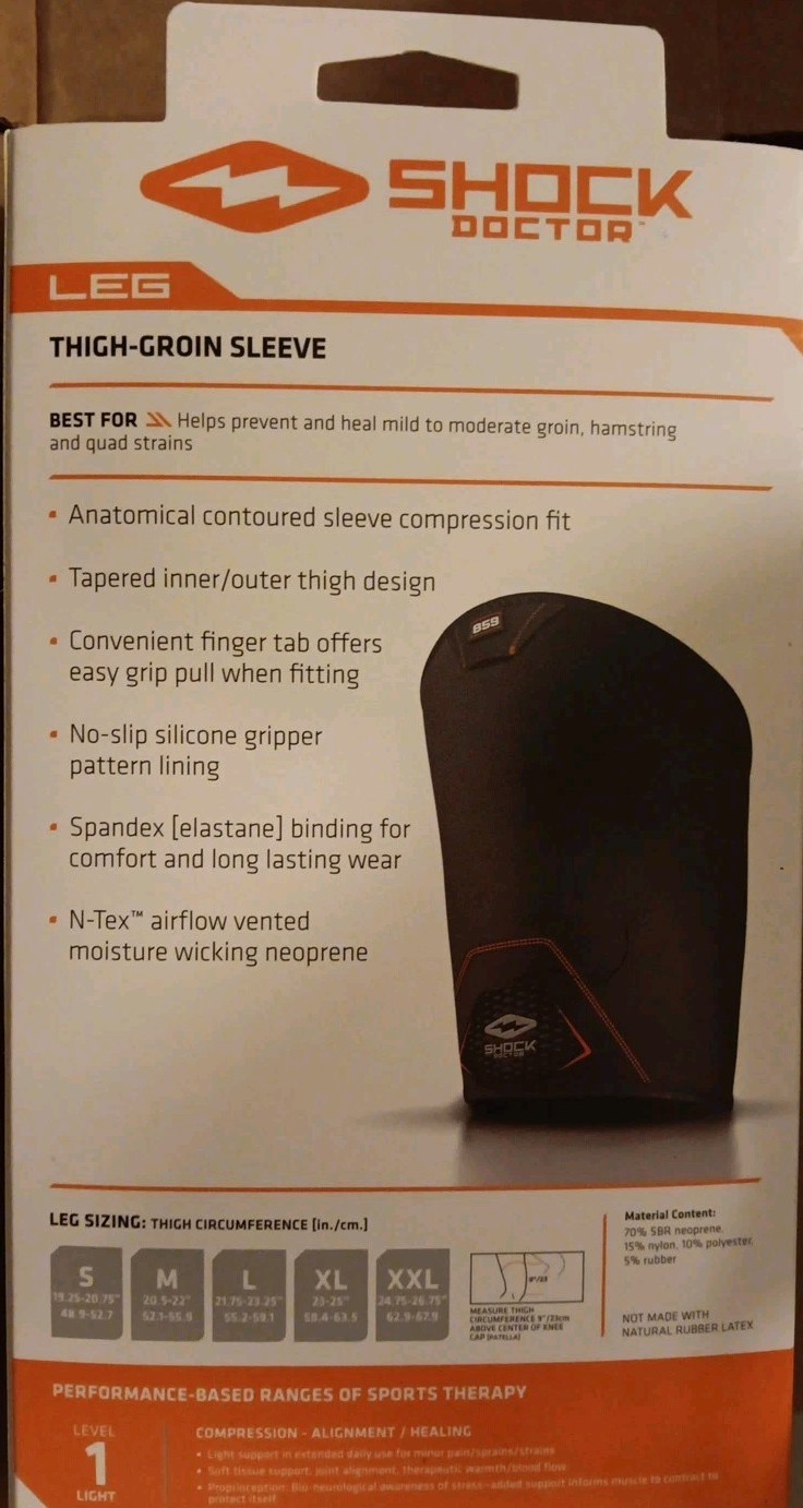 Shock Doctor Thigh-Groin Sleeve (Black, X-Large) Black. New Open Box