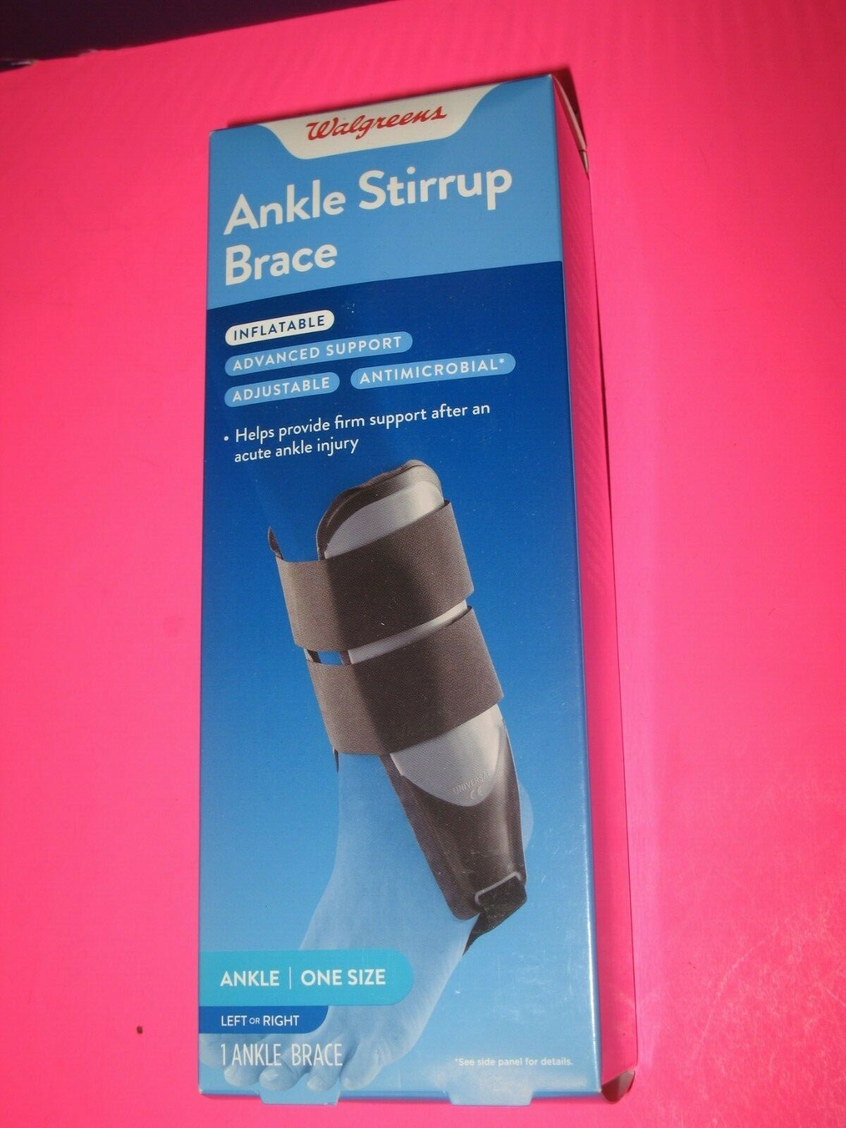 NEW WALGREEN ANKLE STIRRUP BRACE INFLATABLE ADJUSTABLE ANTIMICROBIAL ONE SIZE