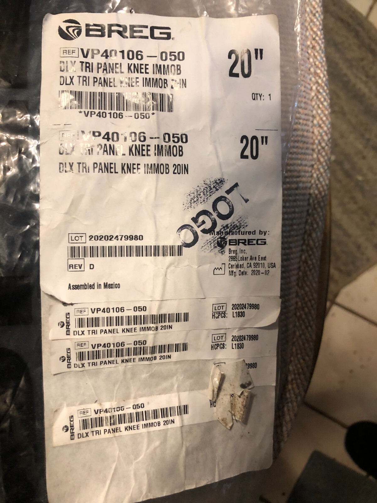 NEW! Breg DLX Tri Panel Knee Immobilizer 20″ VP40106-050