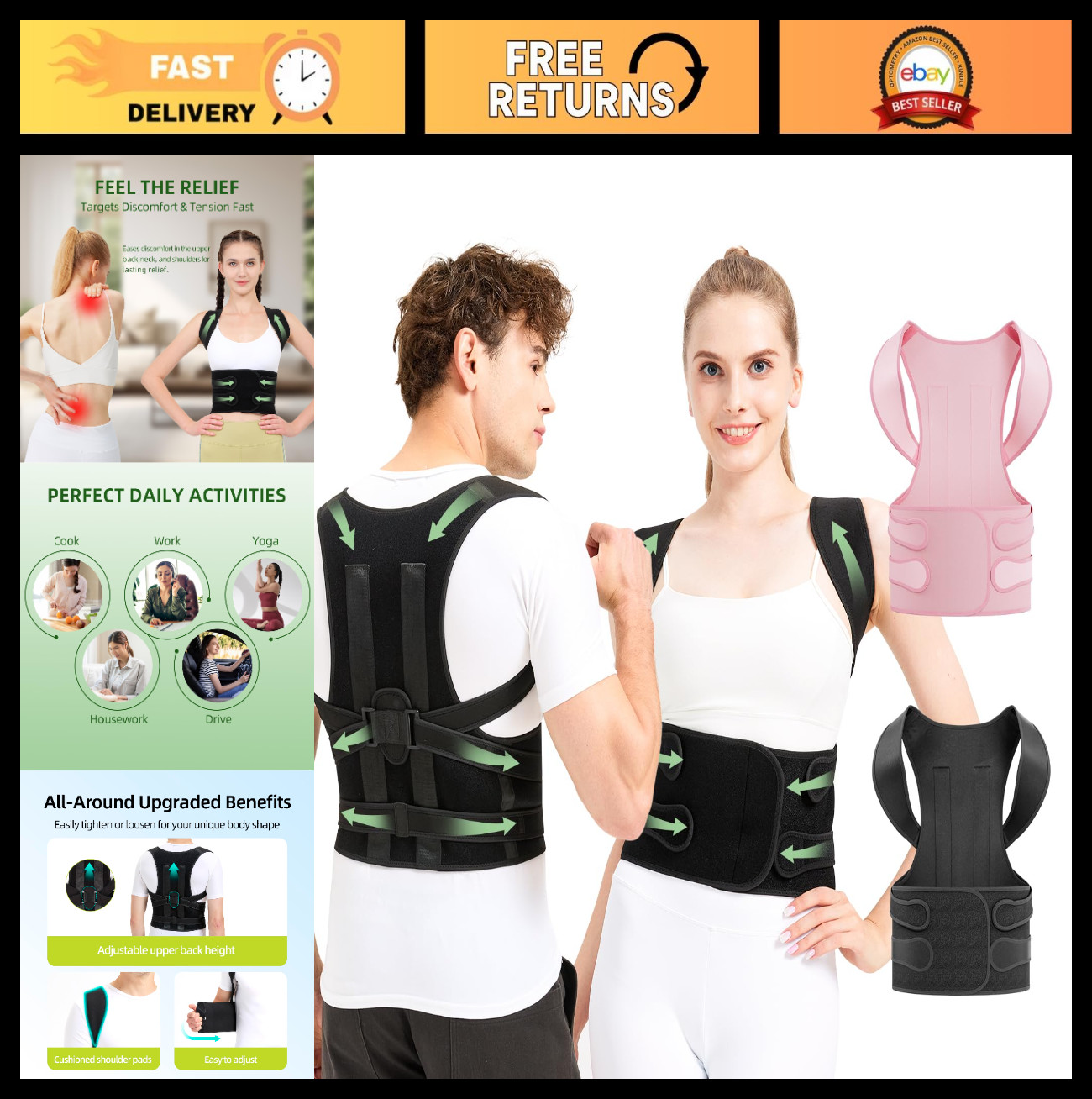 Posture Corrector Brace for Men & Women – Adjustable Back Support for Pain Relie