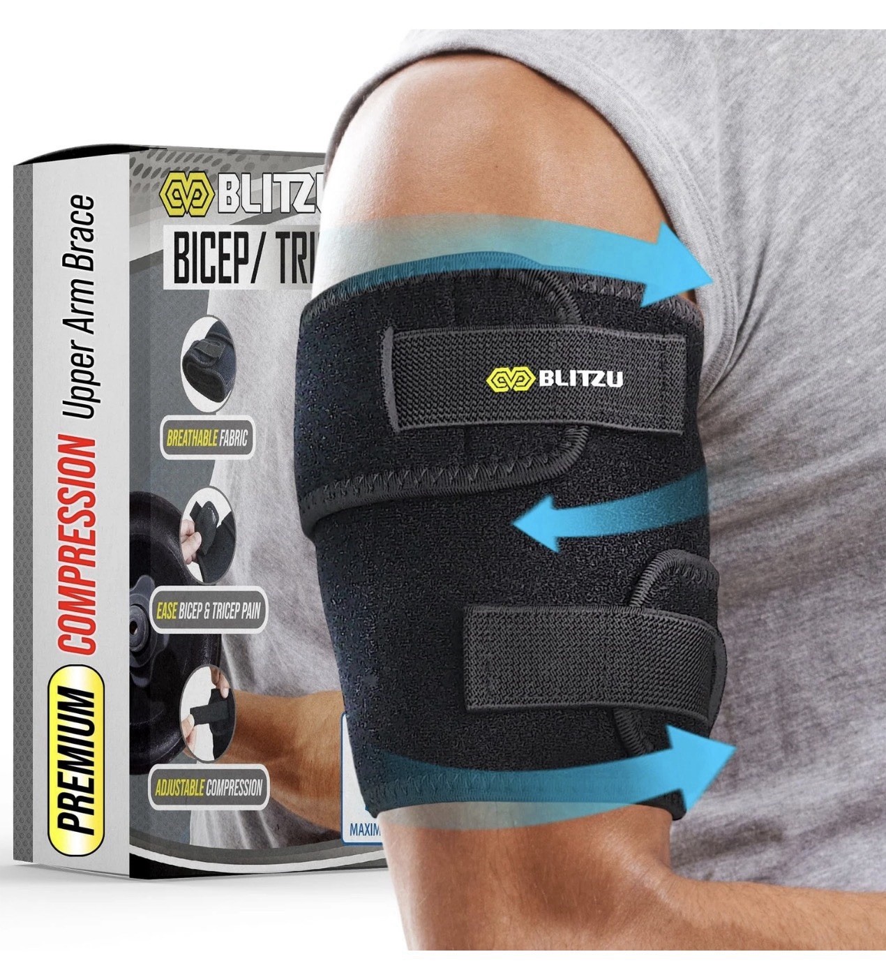 Blitzu Bicep Tendonitis Small/Medium Brace, Upper Arm Wrap, Tricep Comp Sleeve