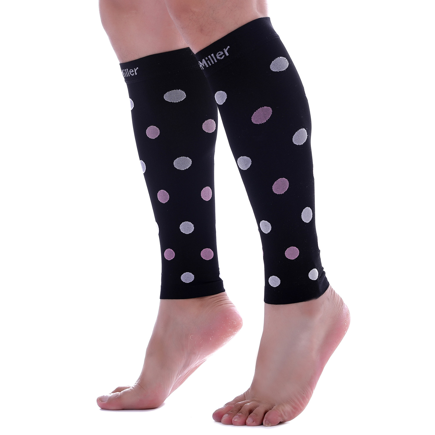 Doc Miller Calf Compression Sleeve 1Pair 20-30mmHg Varicose Polka Dot BLK/PNKWHT