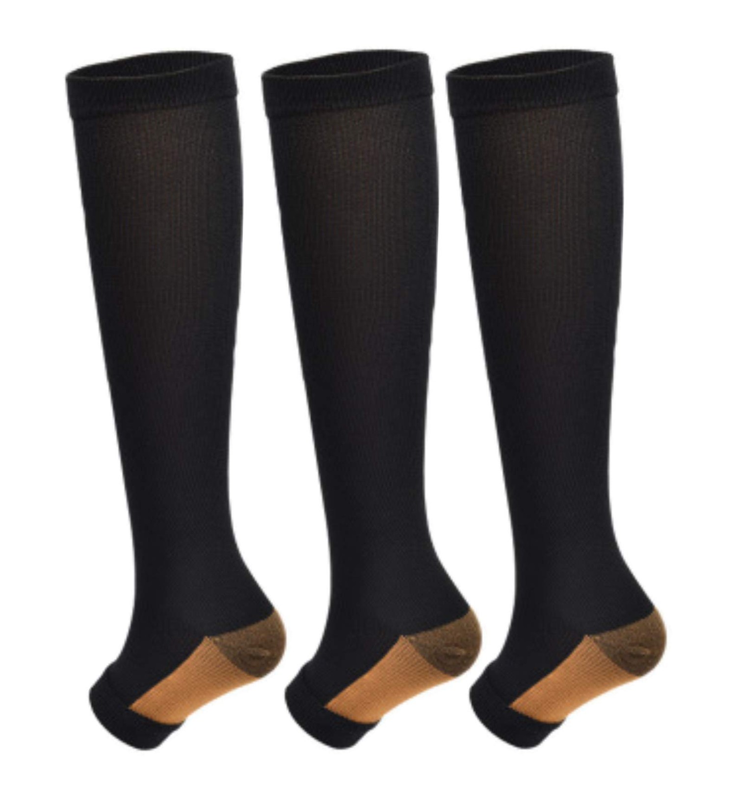 Open Toe Compression Socks 15-20mmHg for Men & Women – 3 Pairs, Black L/XL