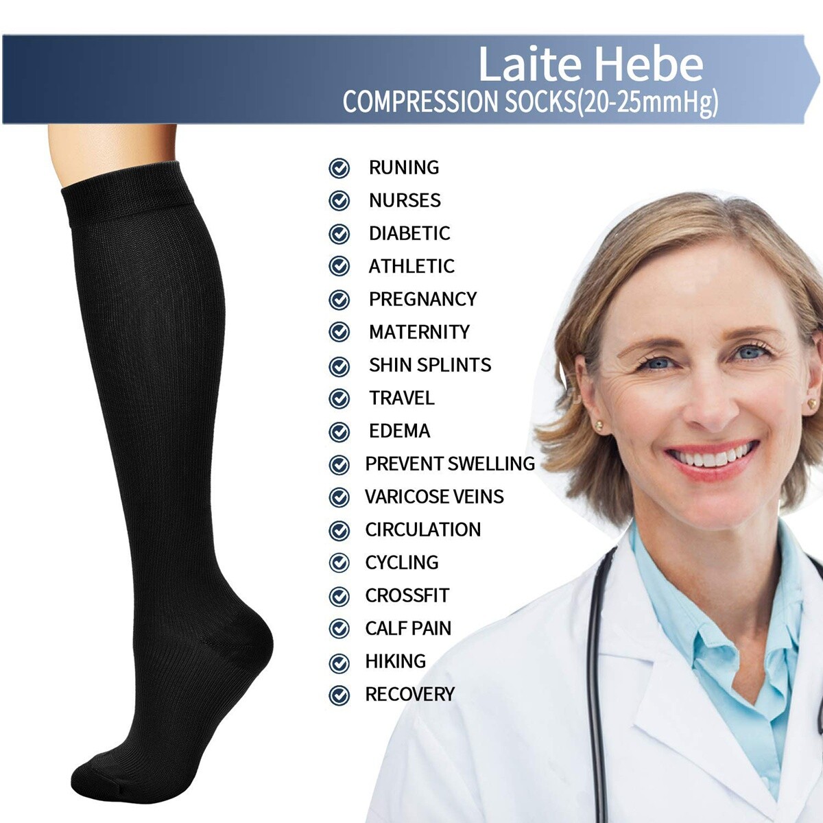Super Soft Microfiber Nylon Compression Knee High Socks, High Pressure-Resistant