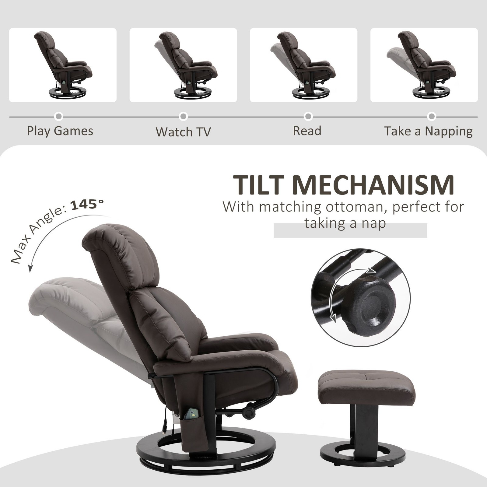 Massage Recliner Chair with Ottoman, 360° Swivel, 10 – Point Vibration, Remote