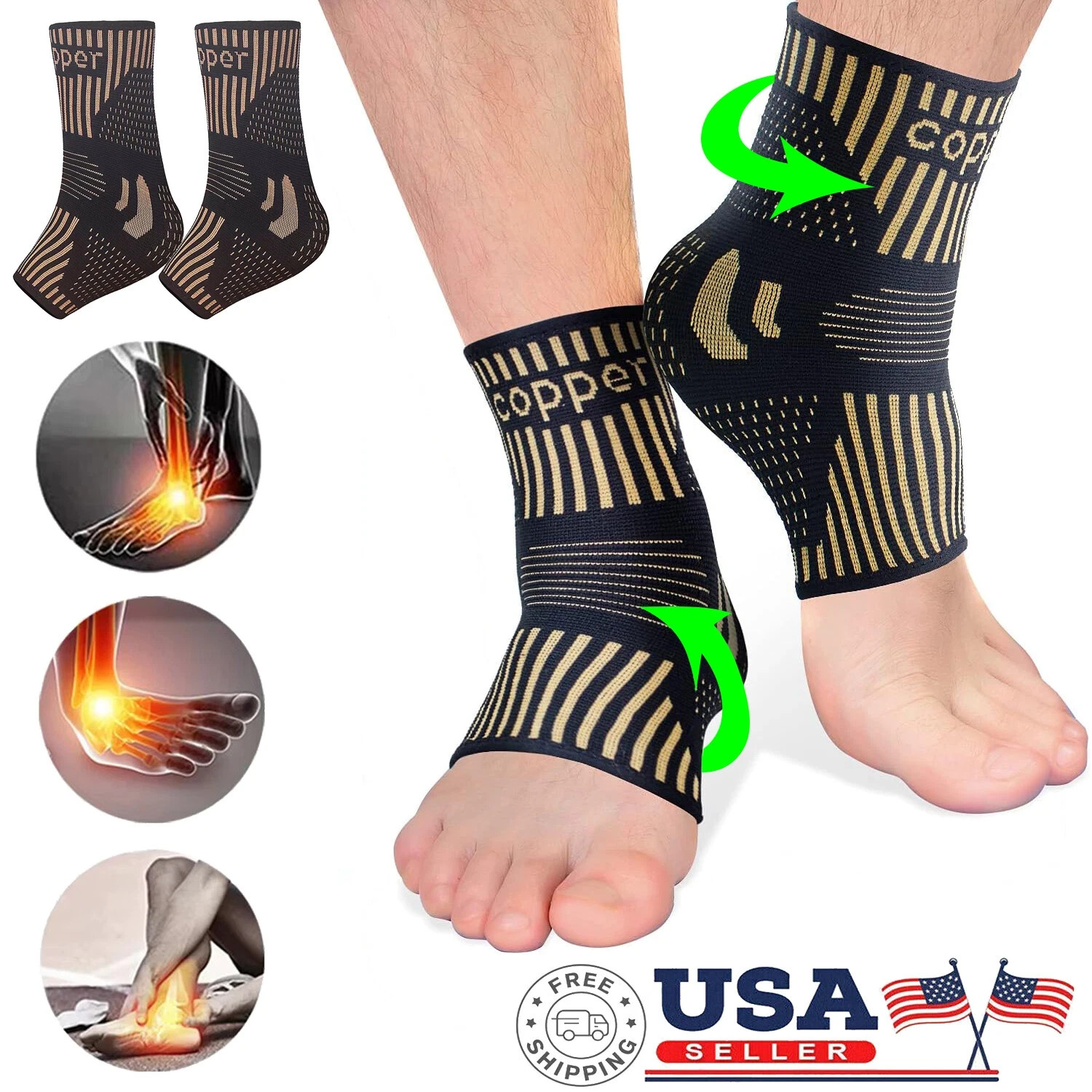 2x Copper Ankle Brace Support for Adults, Foot Pain Relief Achilles Tendonitis
