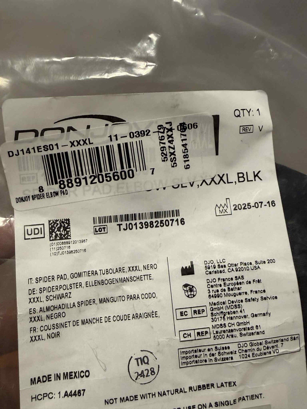 DonJoy Spider Pad Elbow Sleeve Size XXXL Black