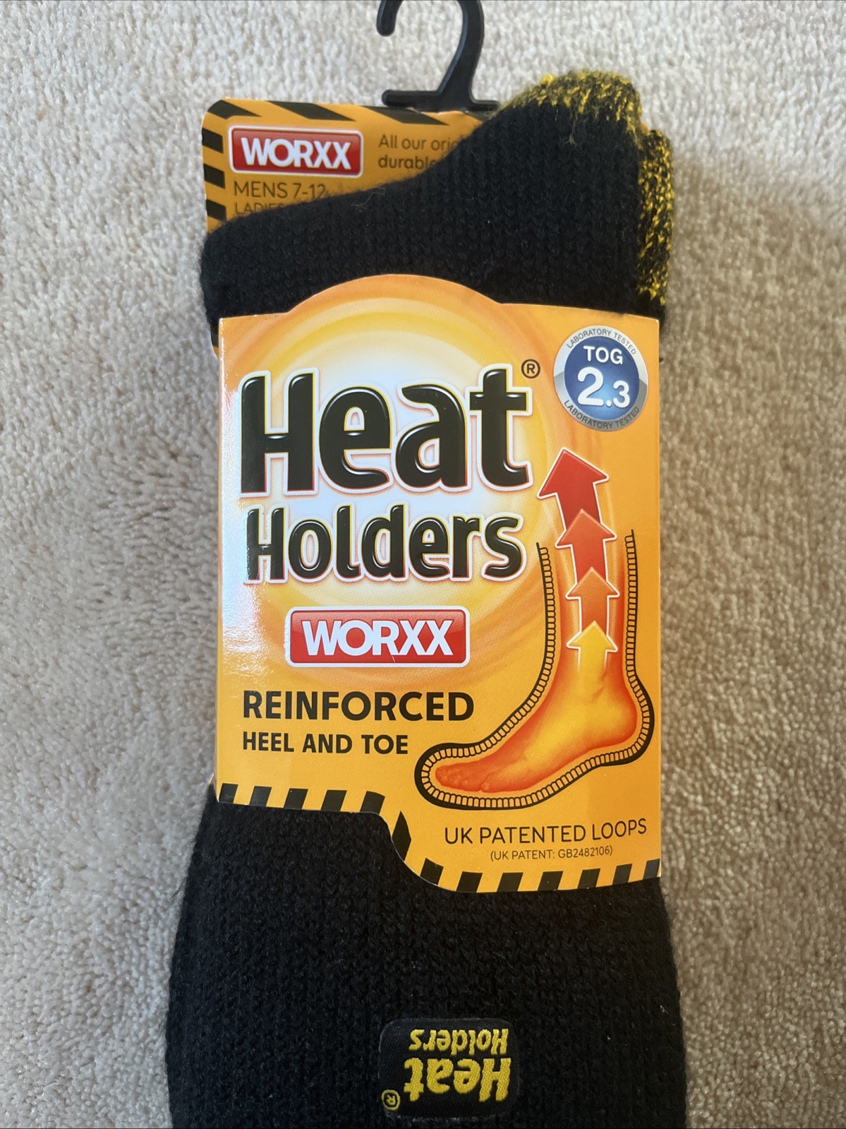 Heat Holders Worxx Socks Men’s size 7-12 Reinforced Heel & Toe Black/Yellow New