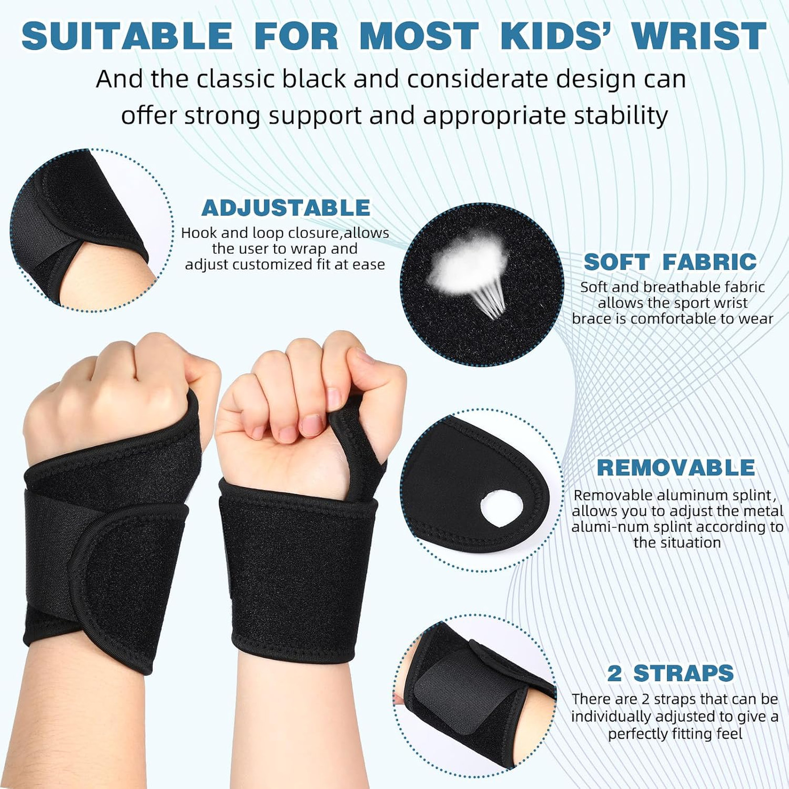 Kids Wrist Brace Support Black Nylon Night Compression Straps for Children