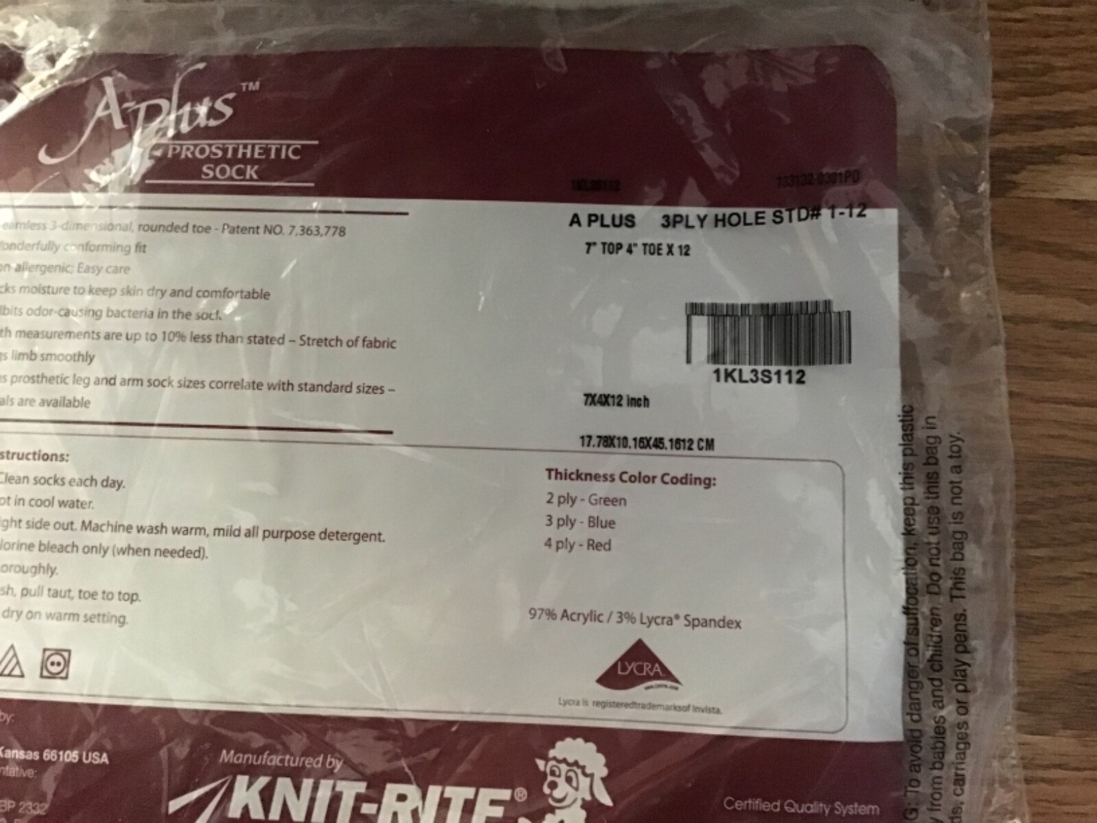 Knit-Rite Prosthetic Sock 3 ply Hole 1KL3S112 A-Plus 7” Top 4”  Toe x 12 