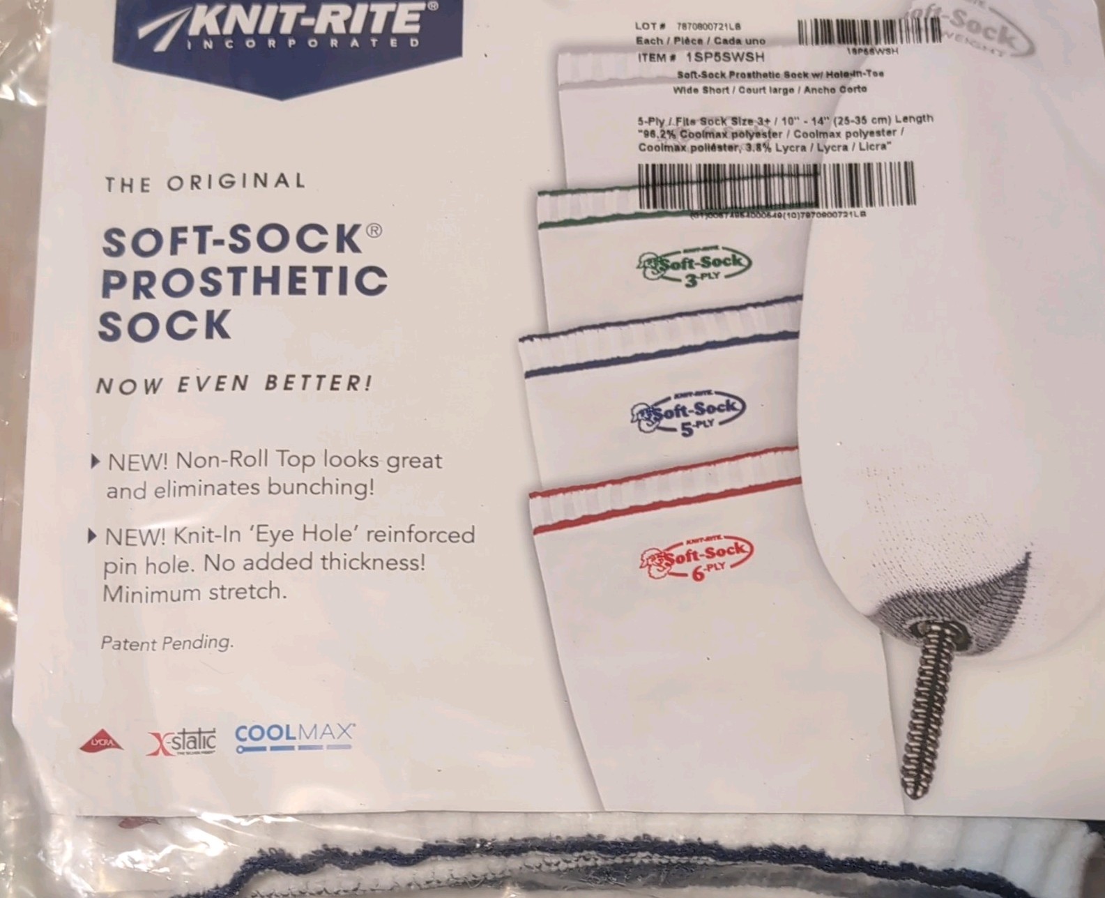 3 Knit-Rite Soft-Sock Prosthetic Sock 5 Ply White Size 3+ Coolmax MPN 1SP5SWSH