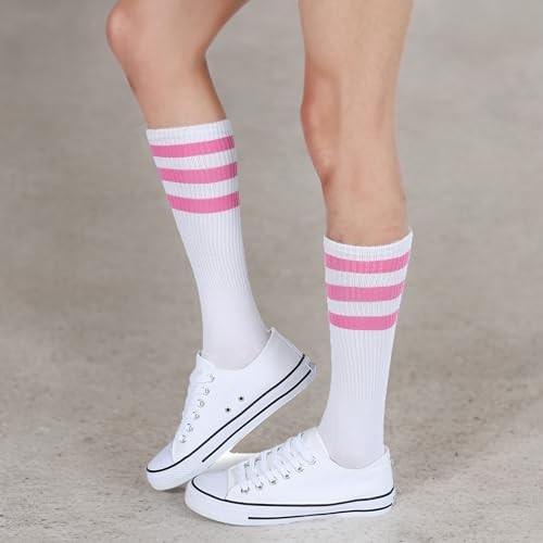 Knee High Tube Socks: Over the Calf Retro Socks | One Size X02-white/Pink