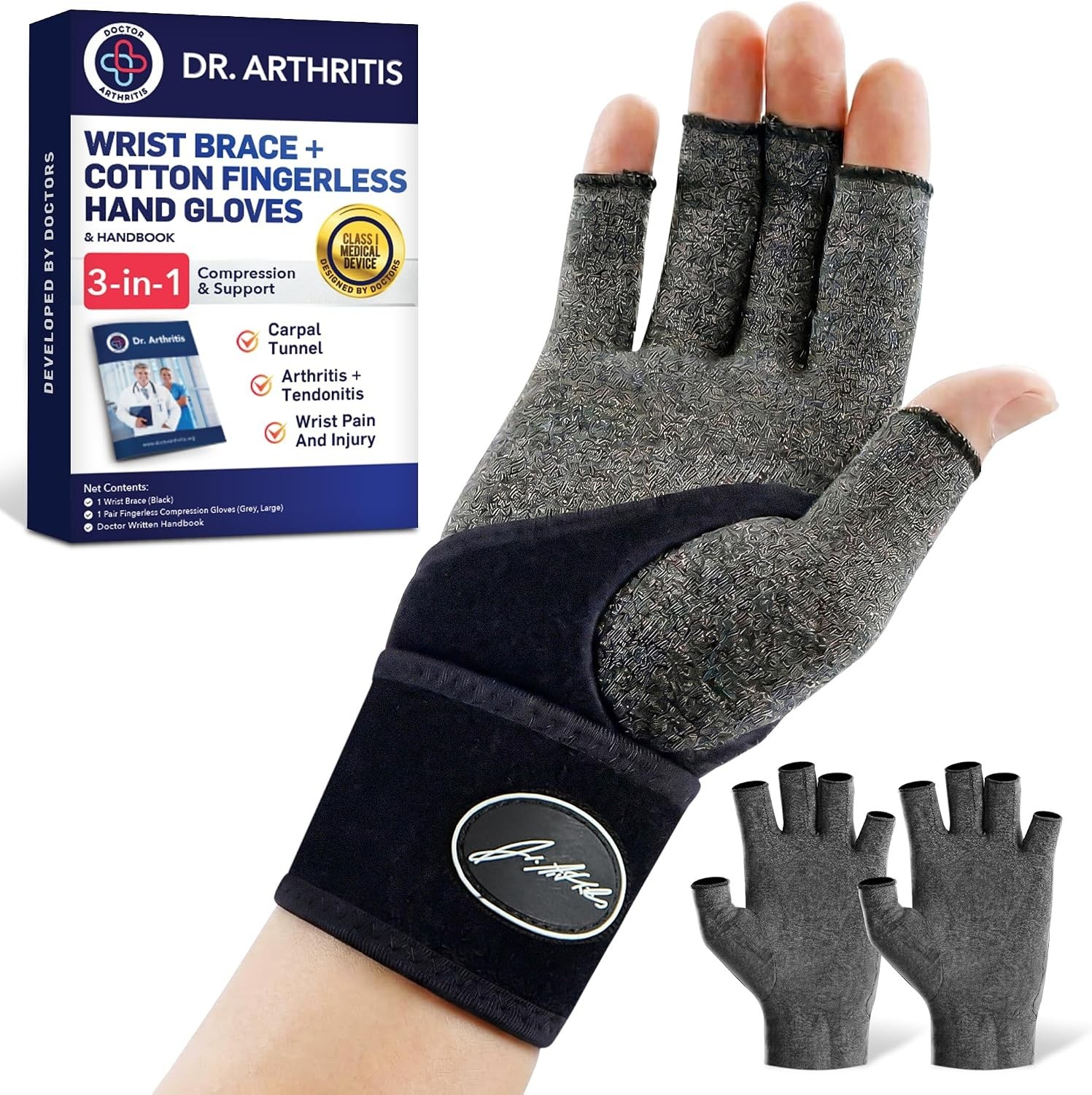 Compression Arthritis Glove Set, Medium, Fingerless, Wrist Brace, Grey