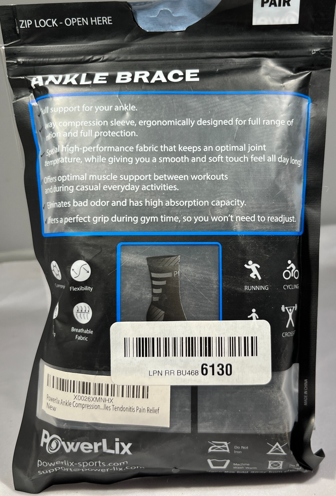 PowerLix Ankle Brace, Ankle Compression Support Sleeve, 1 Pair- BLACK – MEDIUM