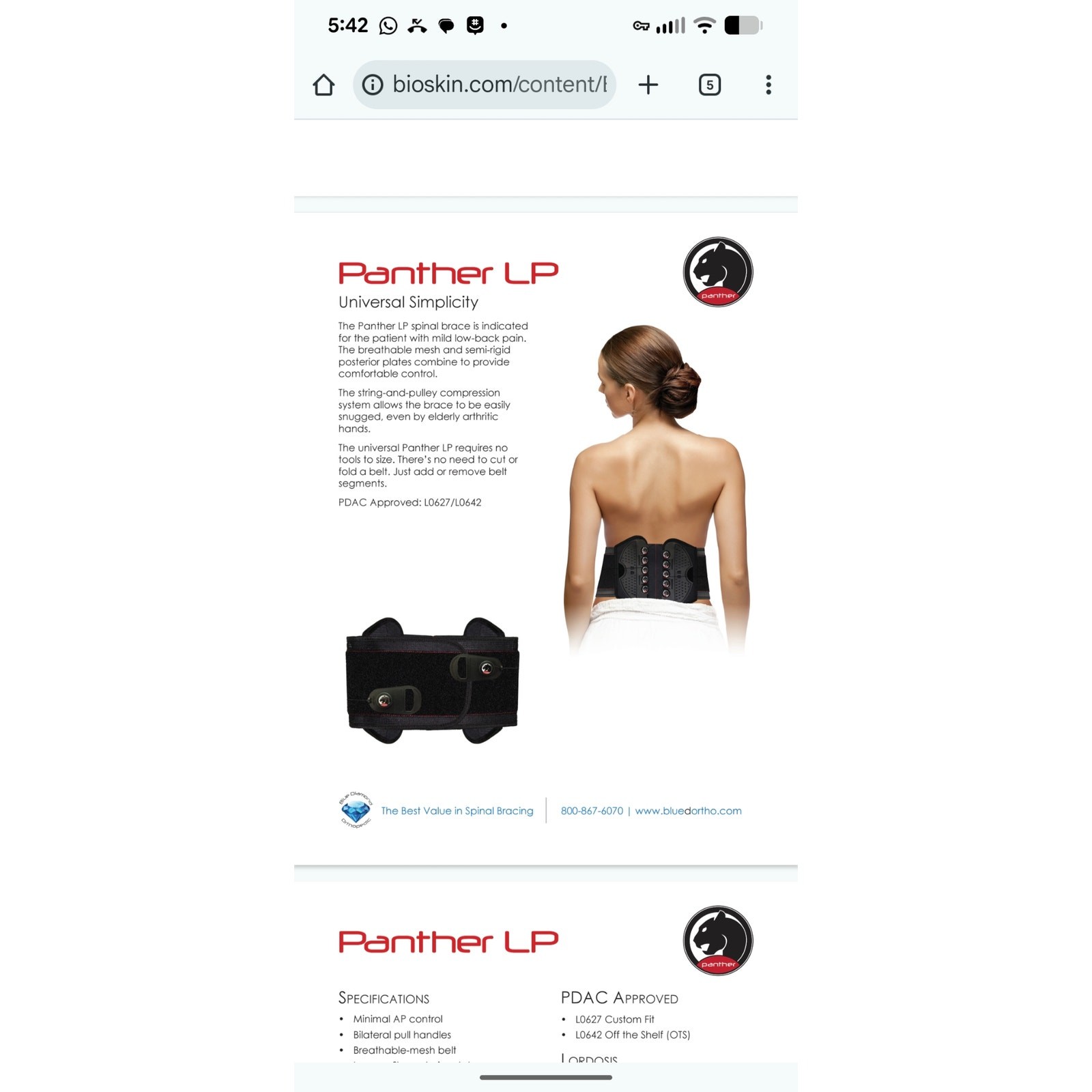 Blue Diamond Orthopedic Panther LP Spinal Brace. Adjustable Lower Back Brace.