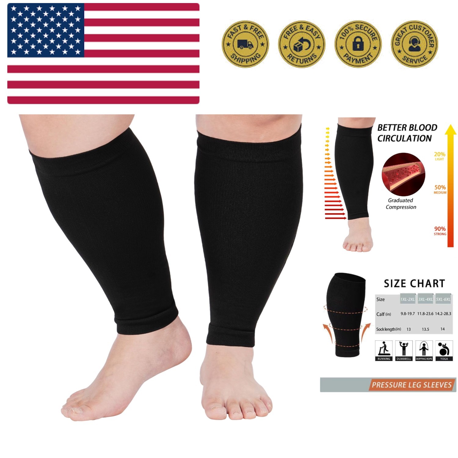 Plus Size Compression Leg Sleeves for Women& Men 15-20mmHg Wide Calf Knee Hig…