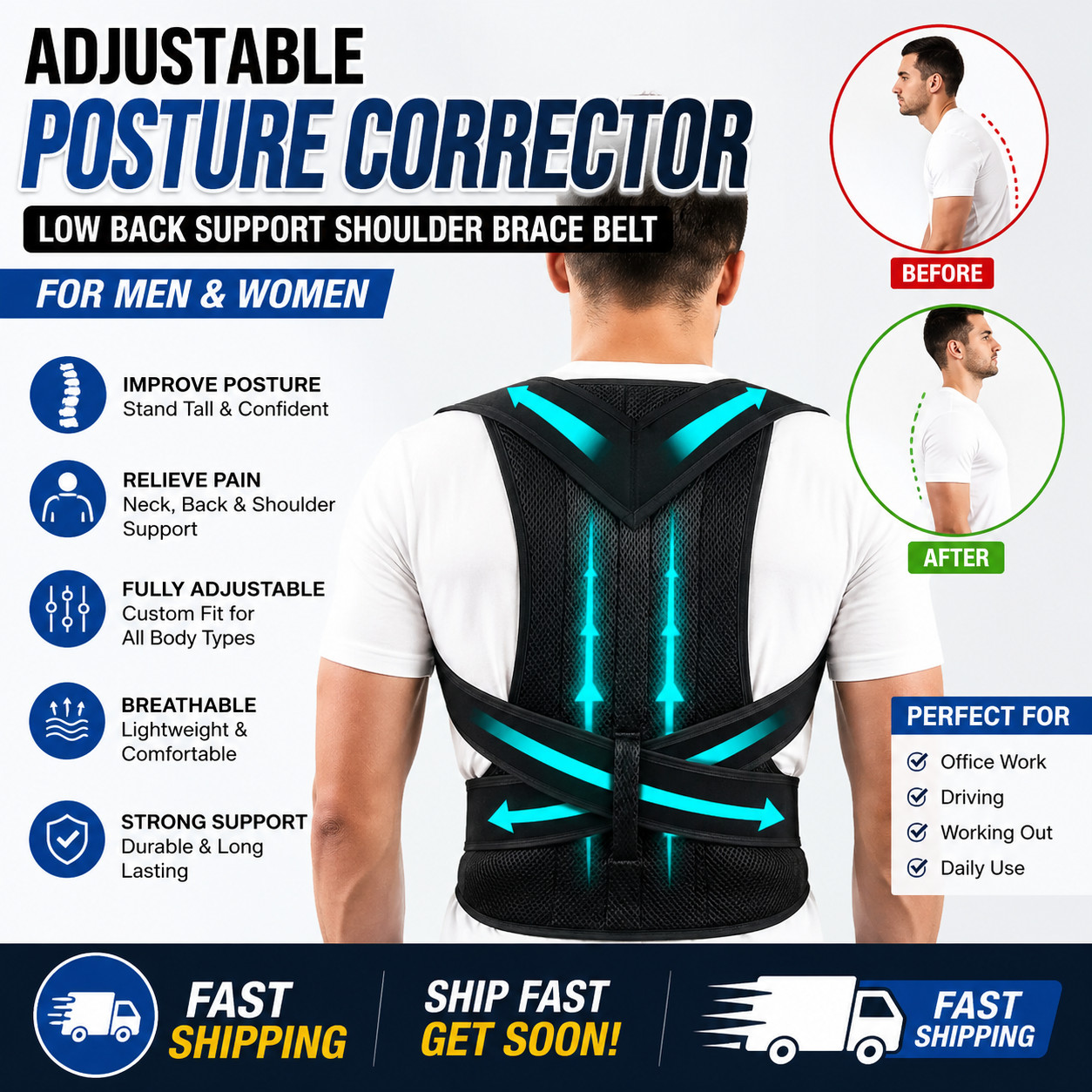 Adjustable Posture Corrector Low Back Support Shoulder Brace Belt for Men Women