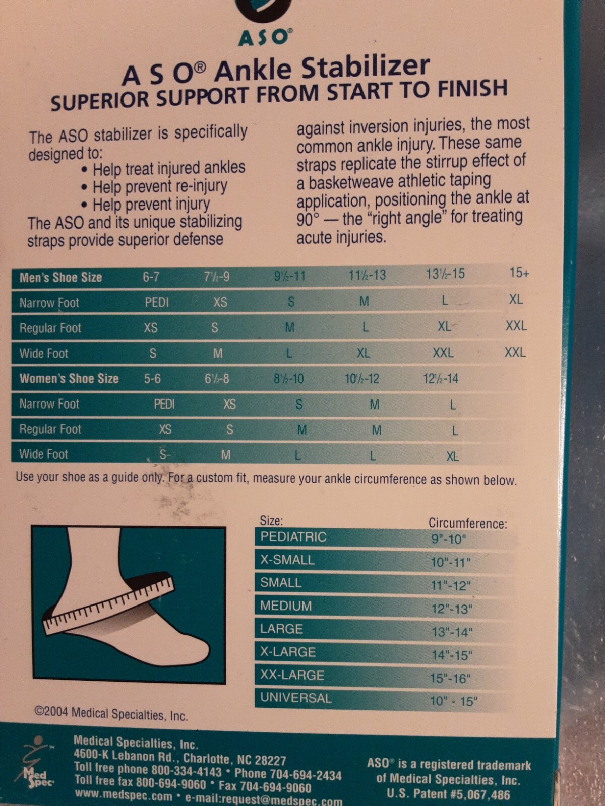 XX Small Spec ASO Ankle Stabilizer – Black, Size XX small New in Box
