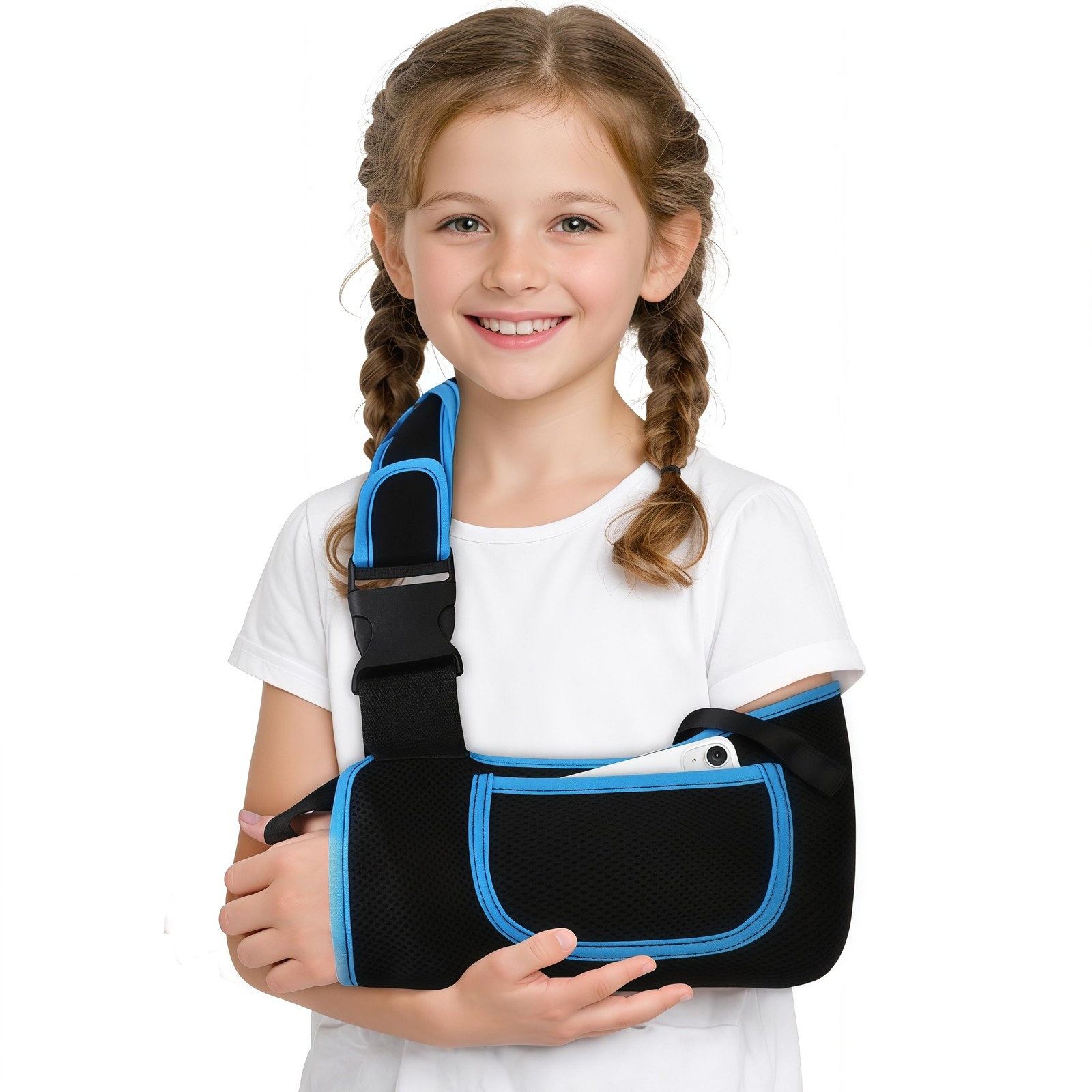 Kids Arm Sling Shoulder Immobilizer Brace – Size S – Black/Blue Polyester