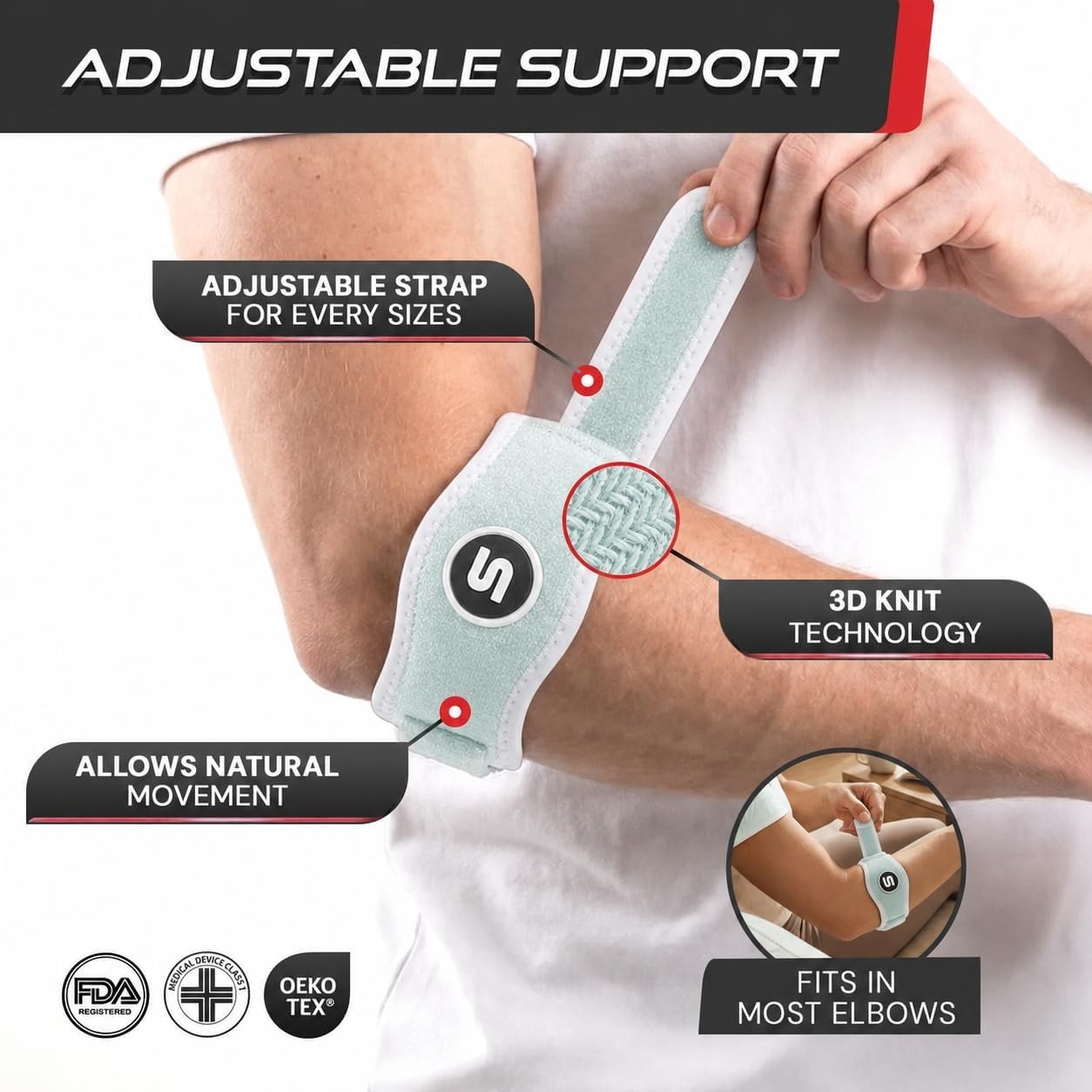 Adjustable Elbow Brace for Tendonitis Relief, Support Wrap for Pain Relief