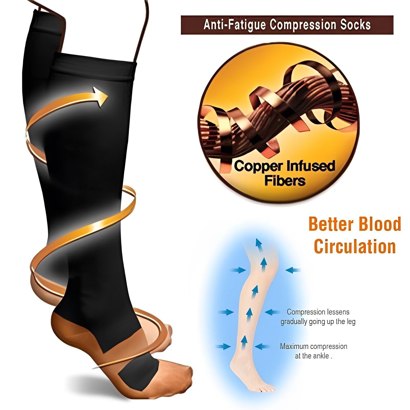 3Pair Copper Compression Socks 15-20mmHg Fit Support Men Women Workout Stockings