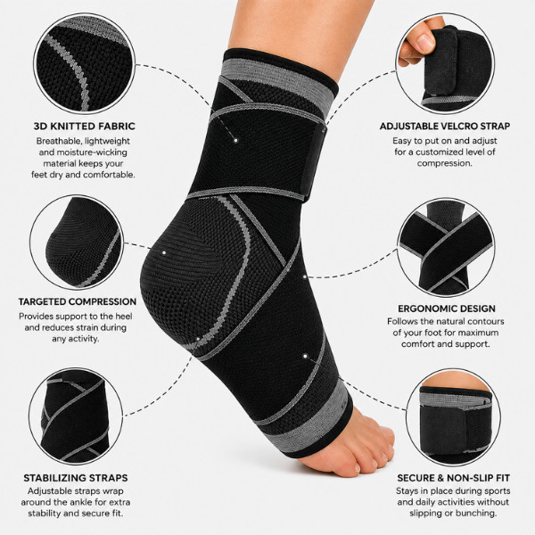 Adjustable Compression Ankle Support Wrap for Sports, Gym & Running Workouts
