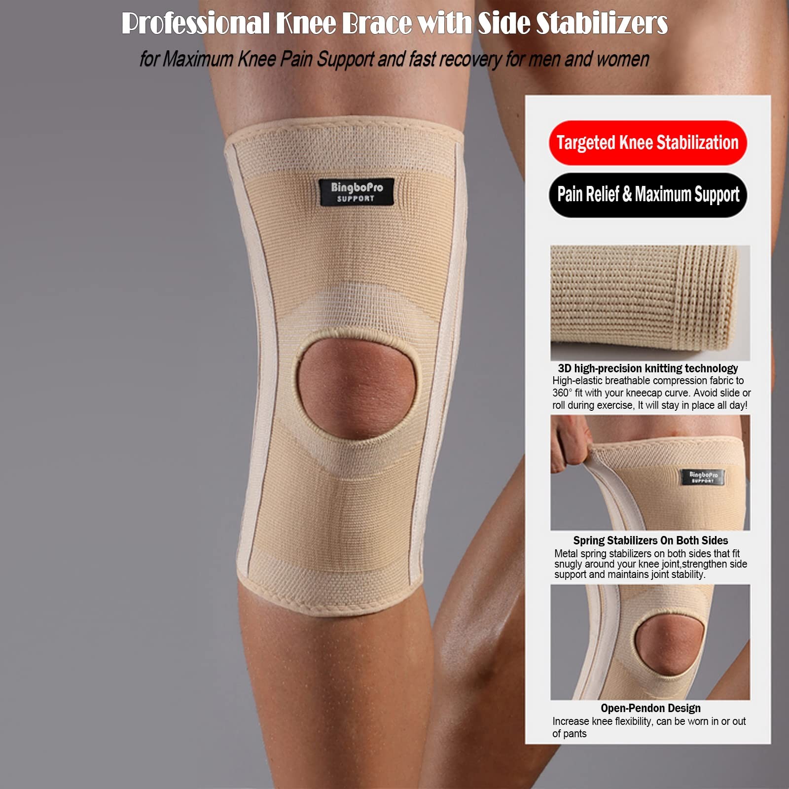 BingboPro Professional Knee Brace With Stabilizer For Men L/XL, Nude