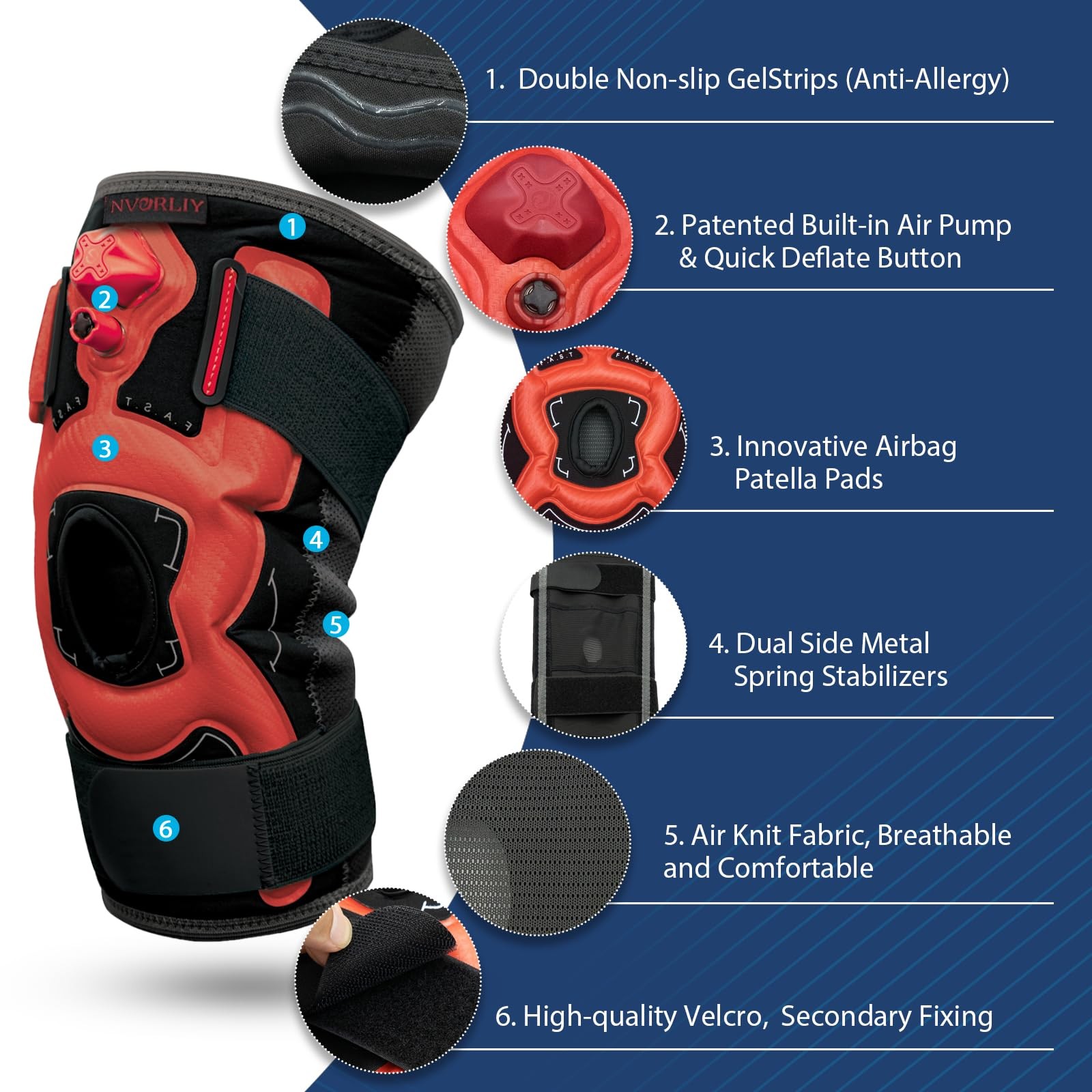 Nvorliy Inflatable Knee Brace with Built-in Air Pump, Pain X-Large, Red