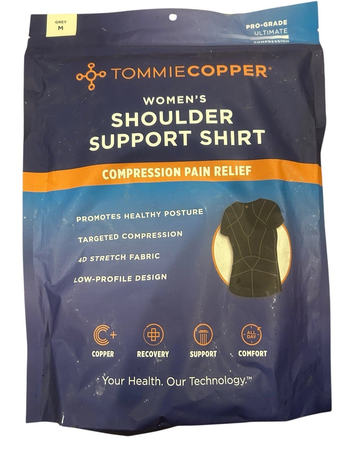 Tommie Copper Women’s Medium Short Sleeve Shoulder Back Pain Shirt – Grey – NEW