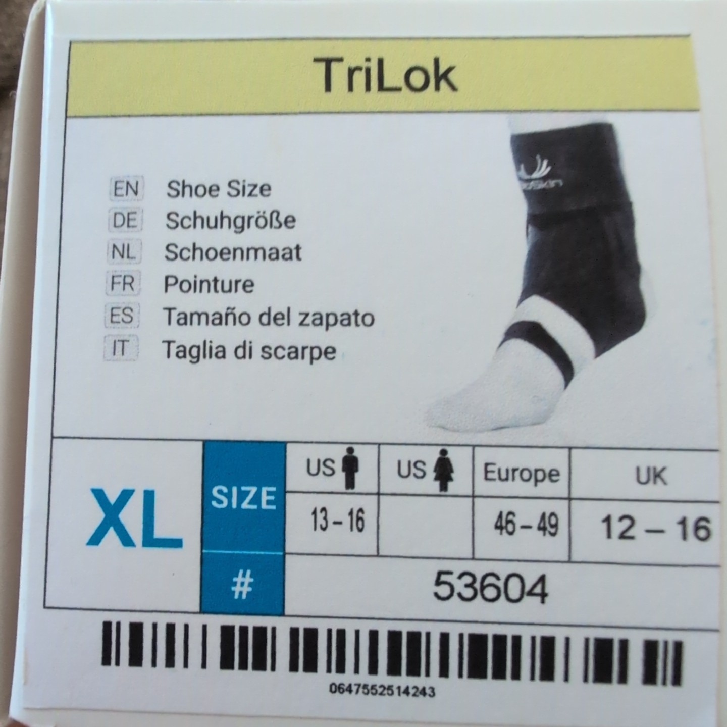 NEW BIO SKIN TriLok Foot and Ankle Control System Universal XL 53604 Black Brace