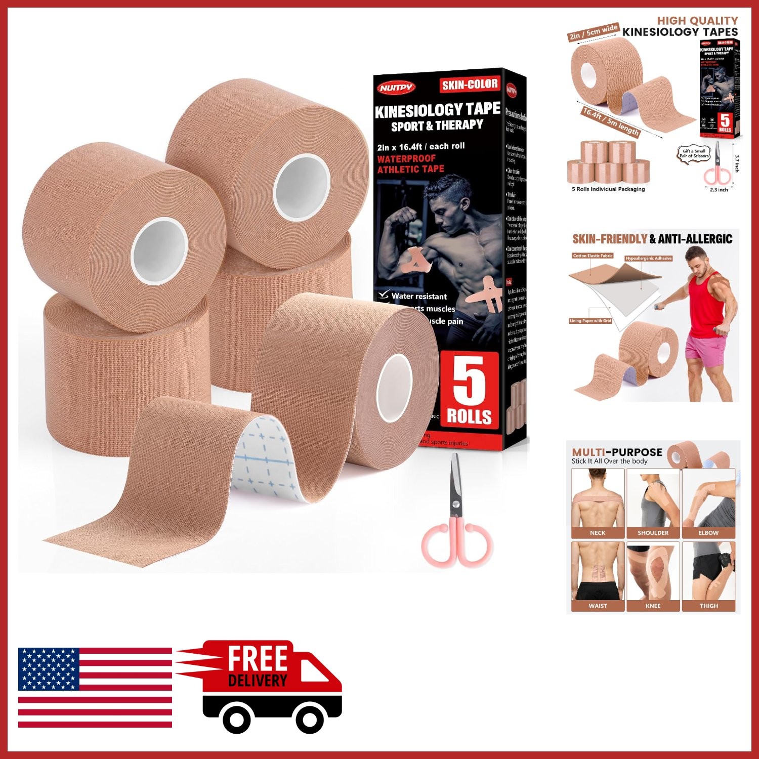 Kinesiology Tape 5 Rolls Skin Color 2 Inch x 16.4 Feet Waterproof Muscle Support
