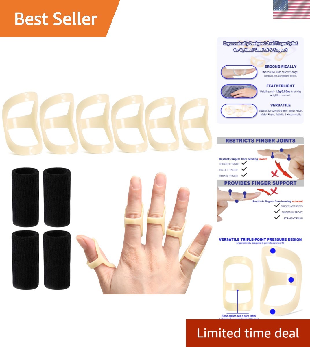 Oval Finger Splints & Compression Sleeves Set – Trigger Finger Support Sizes 4-9