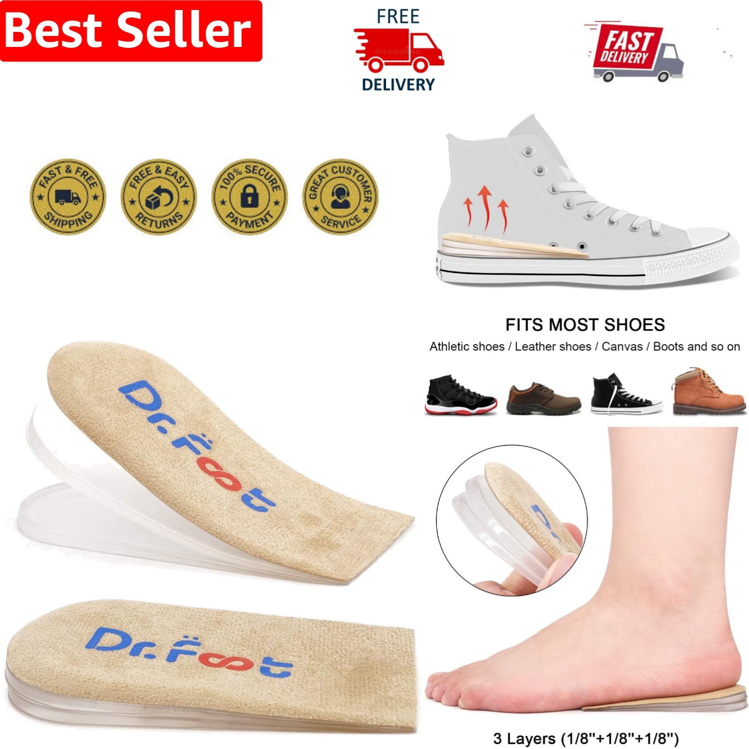 Adjustable Beige Heel Lift Inserts – 3-Layer Gel Cushions for Comfort & Support
