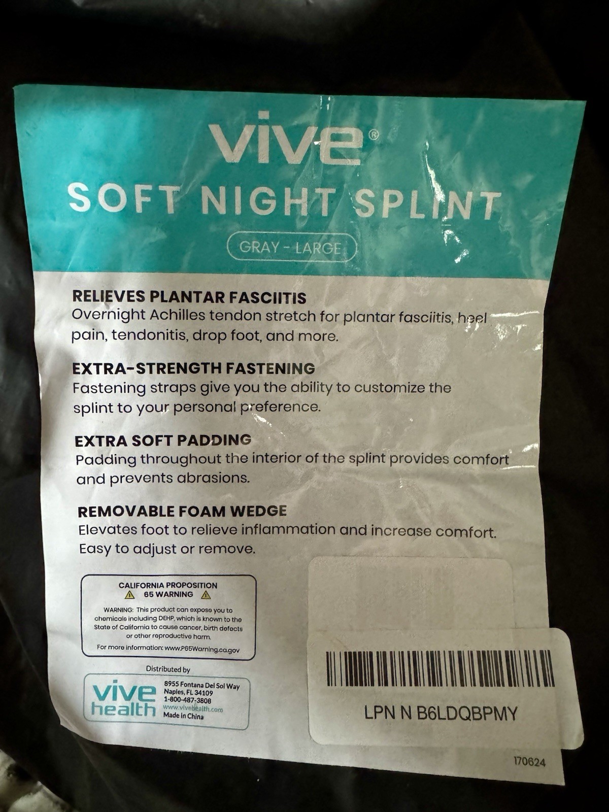Vive Soft Night Splint Plantar Fasciitis Foot Brace Large Gray Adjustable