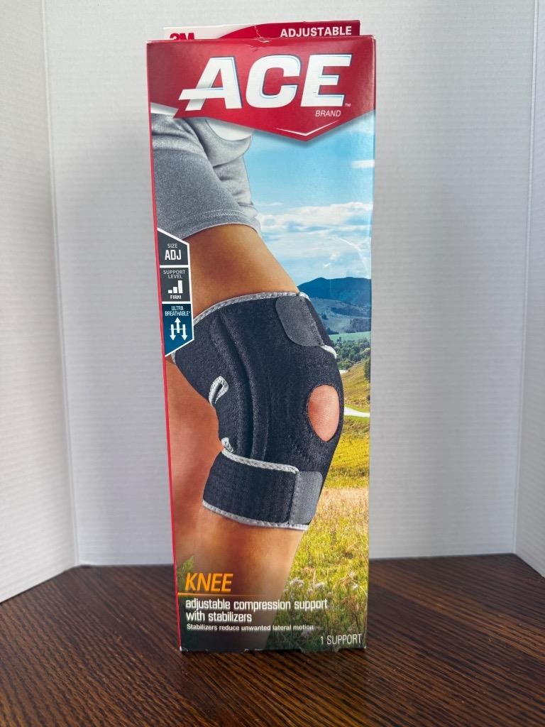 ACE Brand Adjustable Compression Knee Support W/Stabilizers Black/Gray –One Size