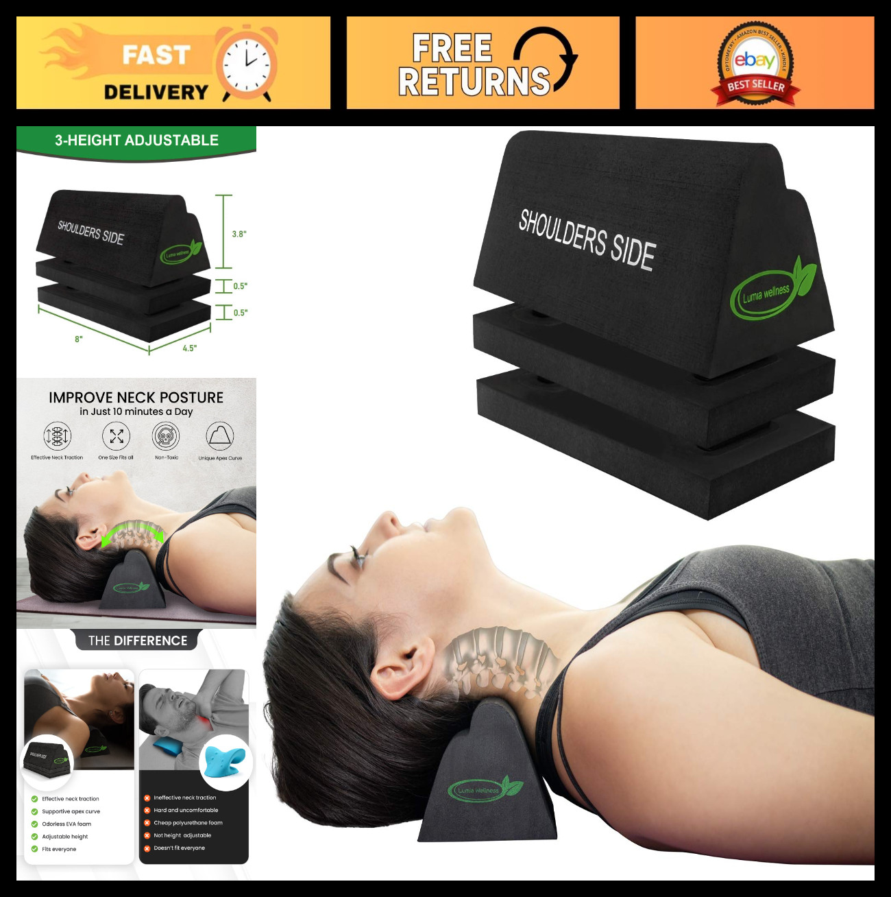 Cervical Traction Device & Neck Stretcher – Firm Orthotic Block for Spinal Align