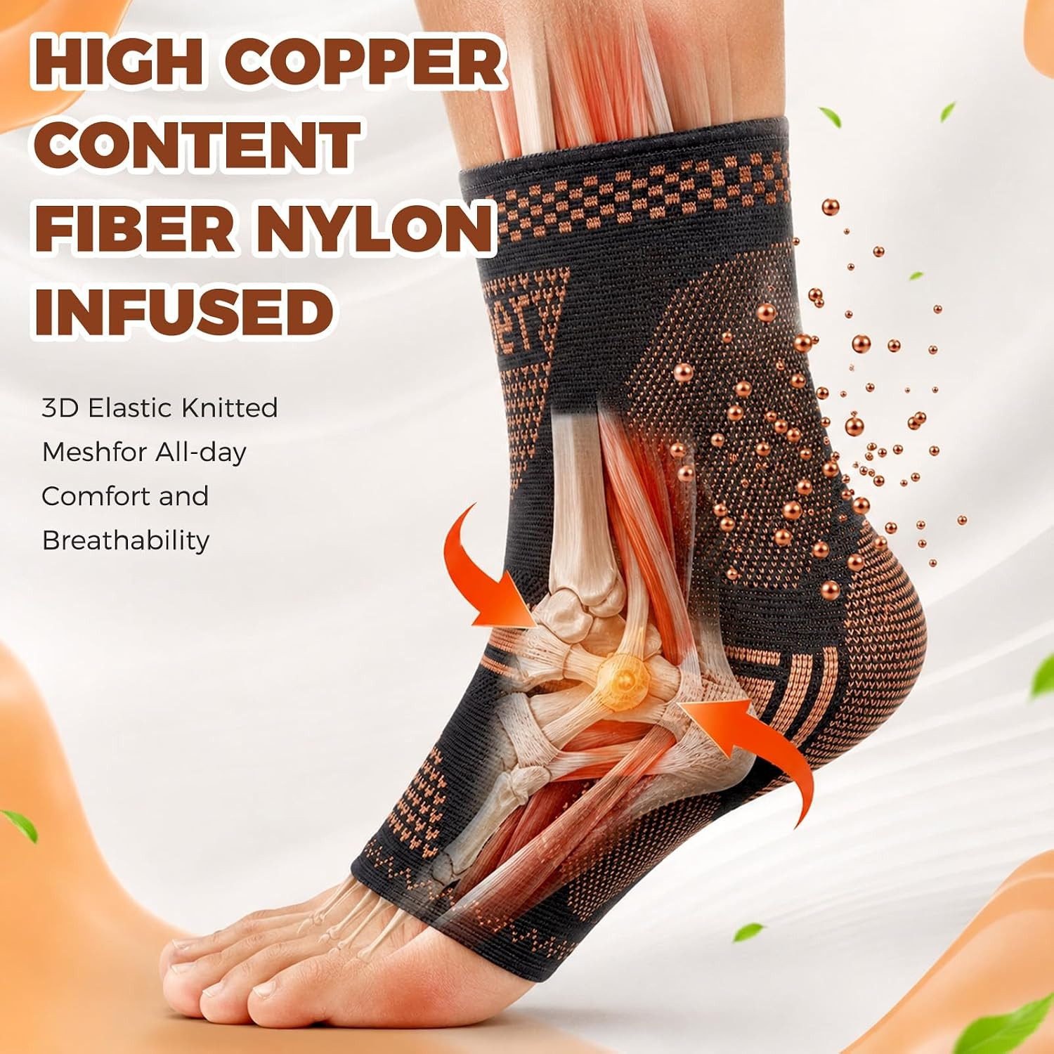 2 Pairs Ankle Compression Sleeve, Copper Ankle Brace Support for Swollen Ankles,