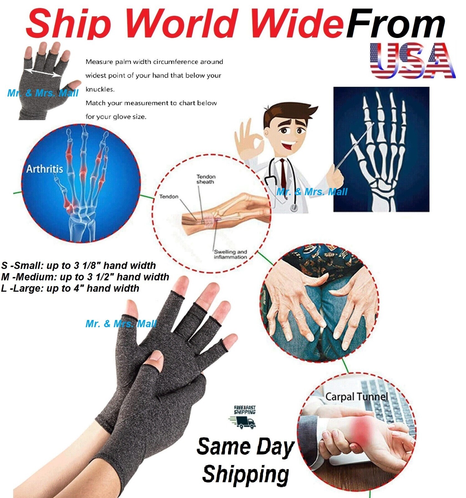 Arthritis Medical Gloves Compression Copper Pain Relief Wrist Support Brace (M)