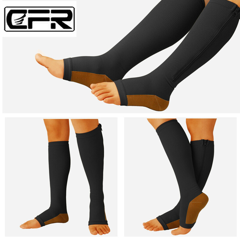 Pair Open Toe Zipper Compression Socks Calf Knee High Graduated Support Stock